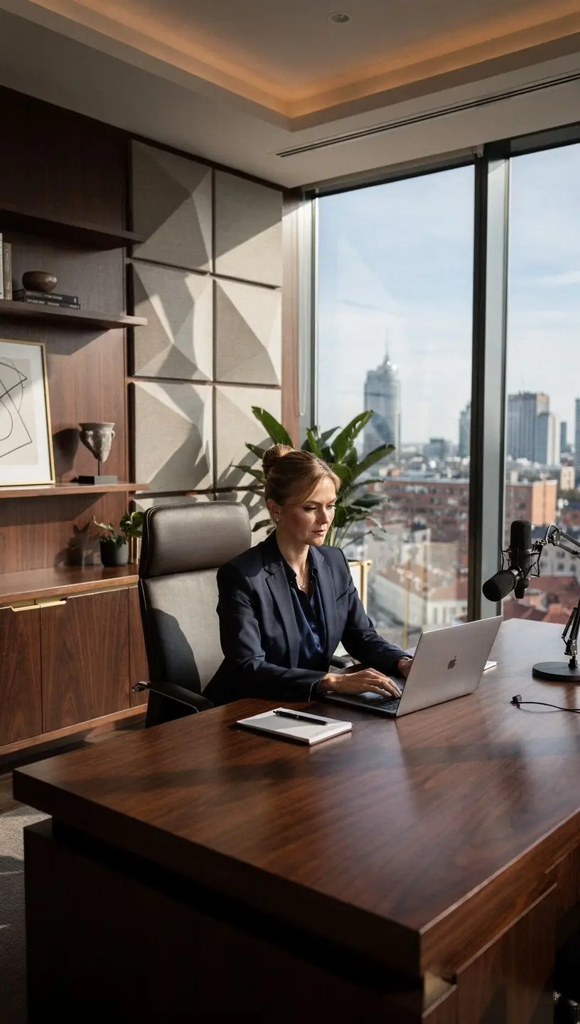 Ava kontoriruum, kus on mugavad töölaudade paigutused ja helisummutavad materjalid.