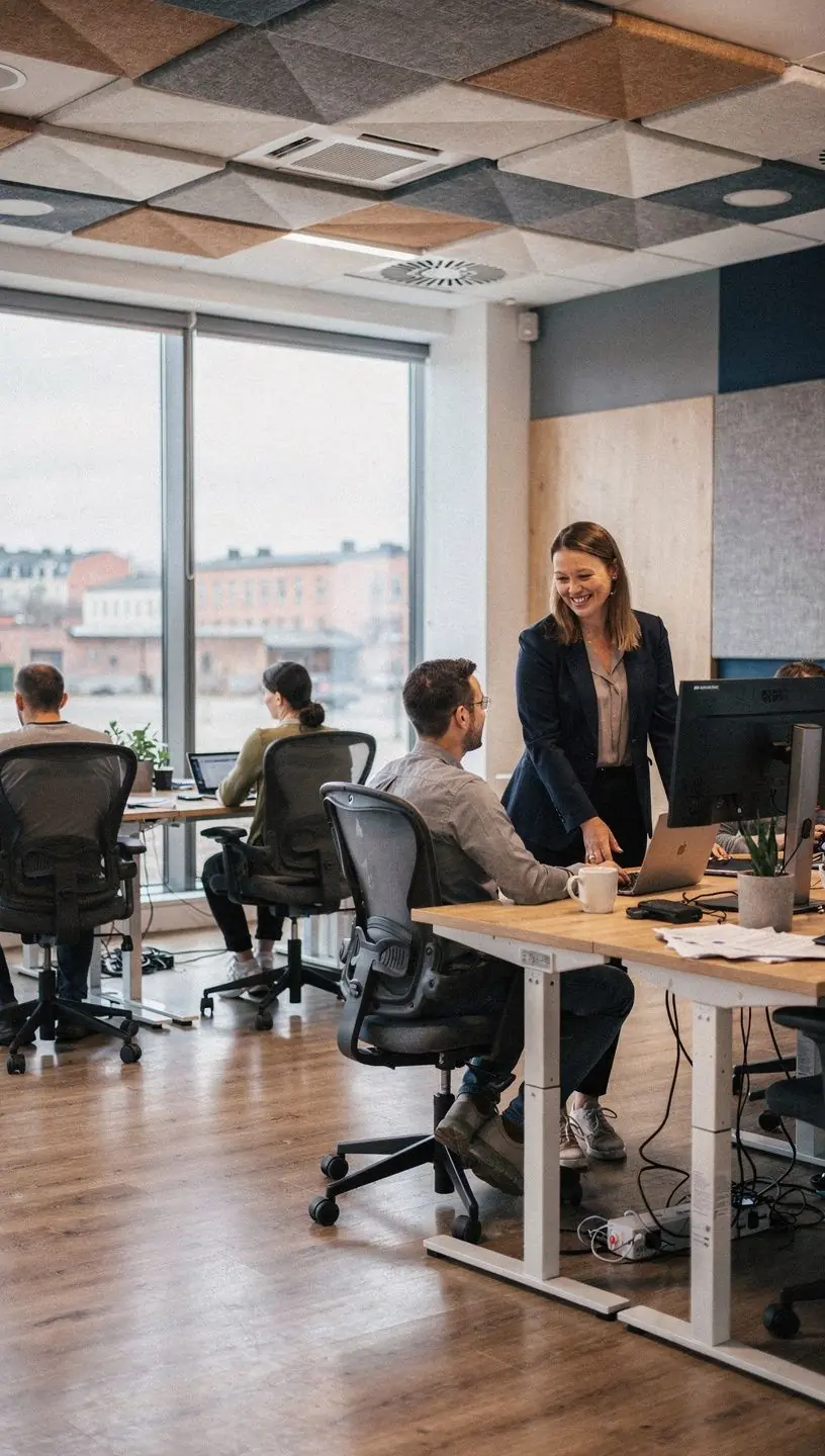 Töötaja, kes töötab ergonoomiliselt kujundatud laua taga, rõhutades mugavust ja efektiivsust.