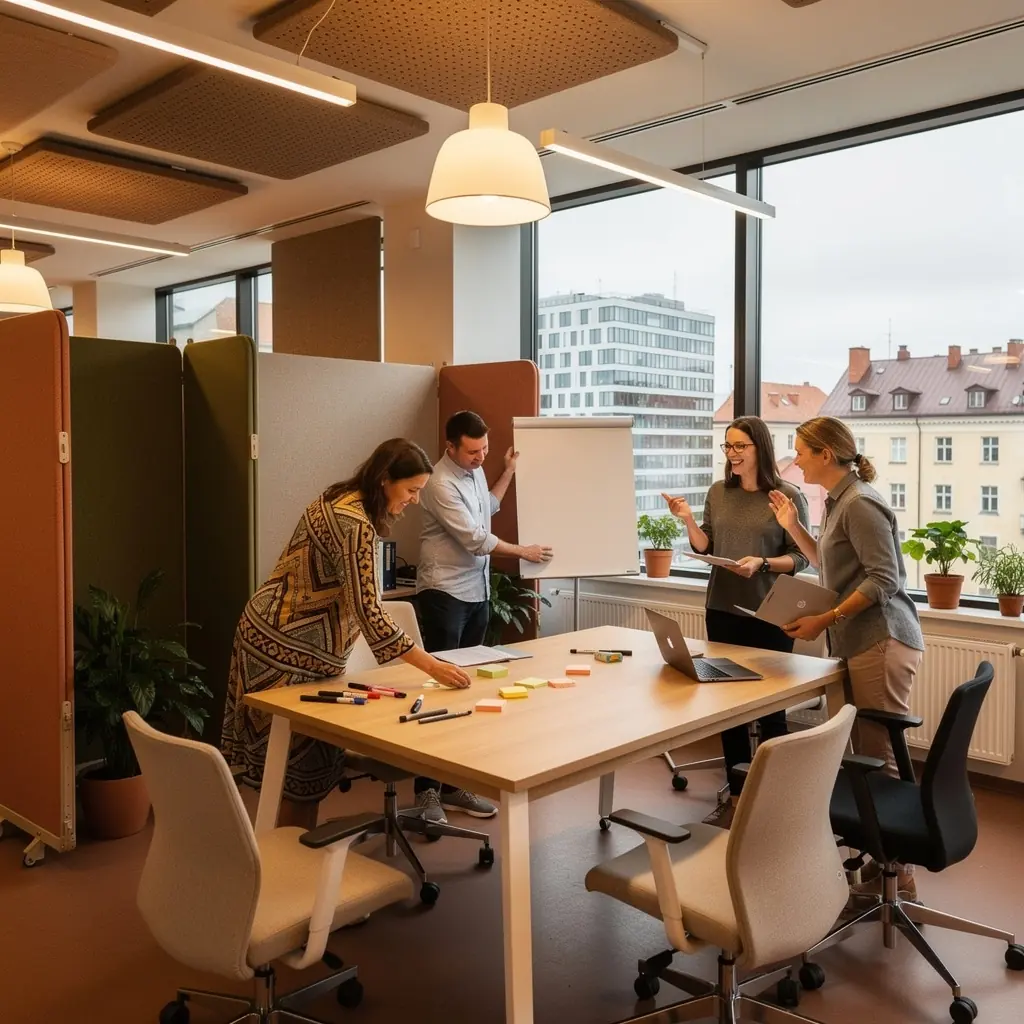 Näide avatud kontorist, kus on erinevad tööalased tsoonid, sealhulgas vaiksed nurgad ja koostööalased alad.